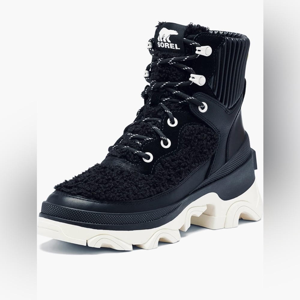 NWT Sorel Brex Boot Cozy Lace Up Platform Lug Sole Black Womens 7.5 US MSRP $210